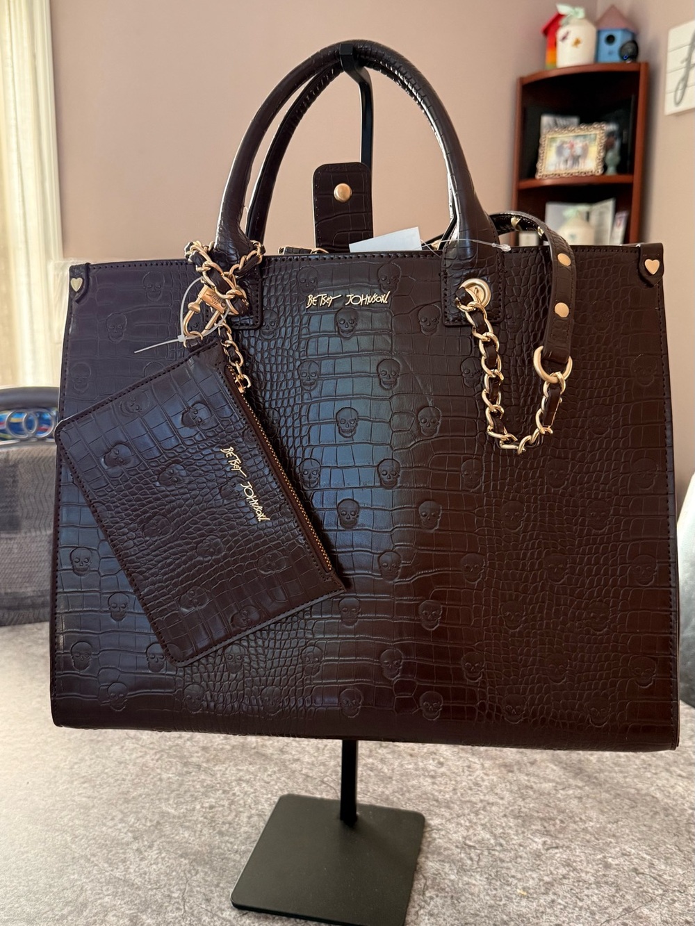 Betsey Johnson Chocolate Brown Skull Croc-Embossed Tote with Gold Chain Detail